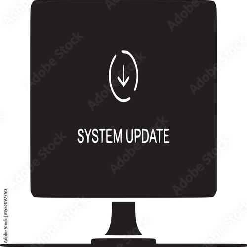 Black screen displaying system update message with a download arrow on a white background