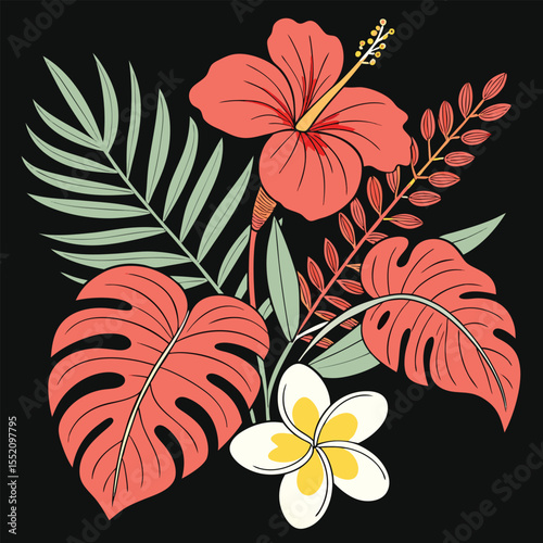 Vibrant Tropical Flower Bouquet Hibiscus, Plumeria, and Exotic Foliage