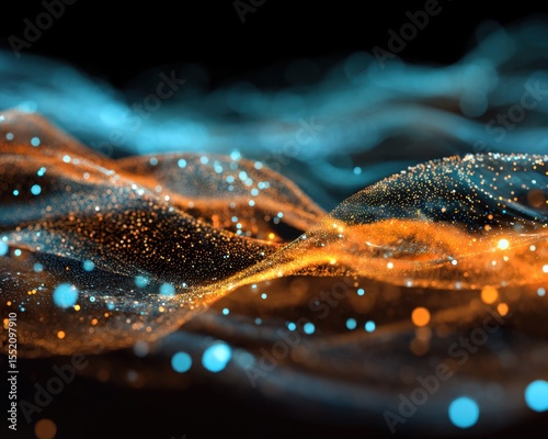 Abstract digital wave with glowing particles in blue and orange hues