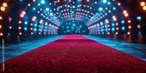 Glamorous red carpet entrance in vibrant venue illuminated by colorful lights