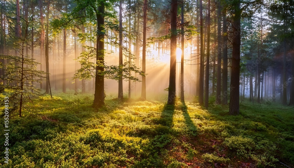Naklejka premium a misty forest floor is illuminated by the soft glow of dawn as sunlight filters through the trees gentle light serene scene misty forest tree canopy sun rise