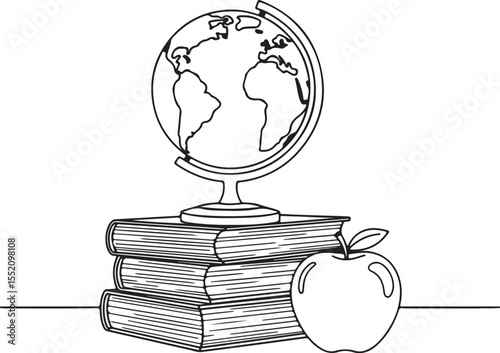 Global education concept with heart-shaped books, an apple, and a world map illustrating the sphere of knowledge and literature