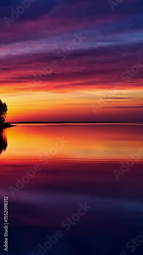 Beautiful sunset over calm lake creating stunning reflections, showcasing vibrant colors