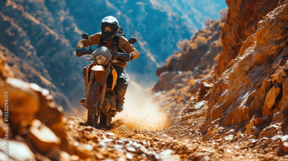 Obraz premium Rider on a Cross-Country Enduro Motorcycle Going Fast, Thrilling Enduro Racing with Drift Action, Motocross Moto Sport Adventure Isolated on Background with Copy Space. Motorsport Concept.