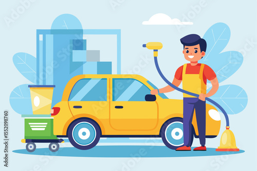 Car wash worker cleaning a vehicle with a vacuum and pressure washer in a bright, cheerful environment