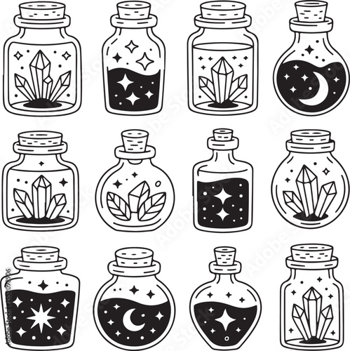 Mystical Potion Jar Doodle Set with Crystals Leaves Stars and Moons in Hand-Drawn Style