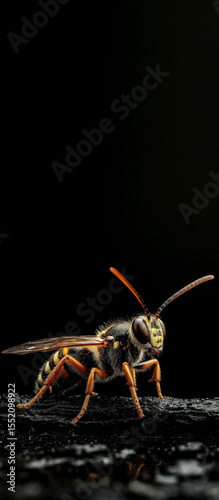 A close-up of a wasp with black and yellow stripes. The insect has large eyes and long antennae, set against a dark background.