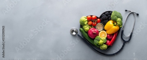 The heart-shaped arrangement of fresh vegetables and fruits with a stethoscope.