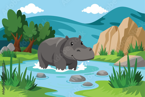 Hippopotamus joyfully splashes water in a serene river landscape surrounded by lush greenery and rocky formations during daytime