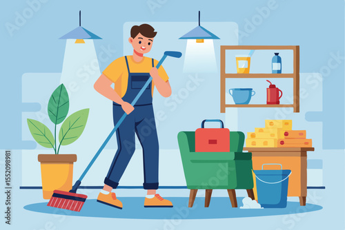Housekeeping in a modern living room with a man using cleaning equipment to tidy up the space during daylight hours