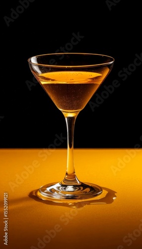 A close-up of a martini glass filled with a golden drink. The glass is elegantly shaped, set against a black background with a yellow surface.