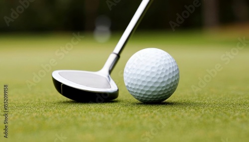 A close-up of a golf club and a white golf ball on green grass. The club is angled towards the ball, ready for a swing. The scene captures the essence of golfing.