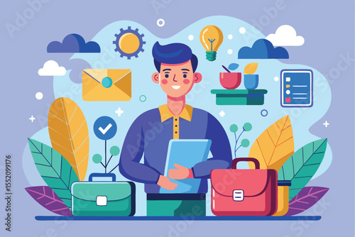Vector illustration depicting a young professional with a clipboard in an office setting surrounded by symbols of work like envelopes and plants