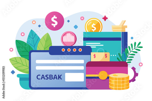 Explore benefits of cashback with credit card payment illustrated in a flat vector style showcasing various financial elements