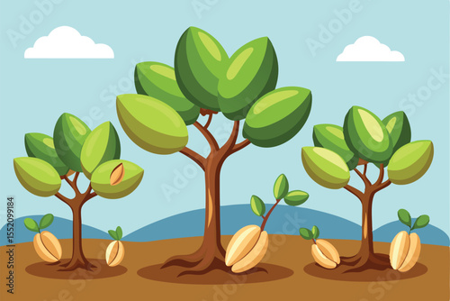 Pistachios growing on trees in a cartoon style illustration depicting a sunny landscape with blue skies and green hills