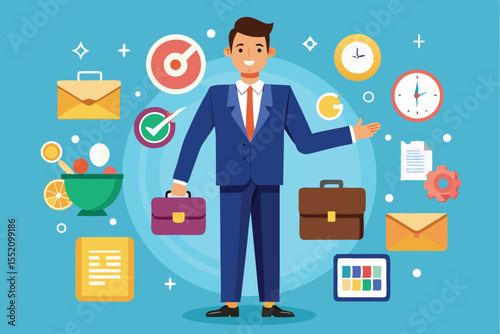 Businessman standing confidently with briefcase and business-related icons in vibrant colors, showcasing professionalism and modern skills in a digital environment