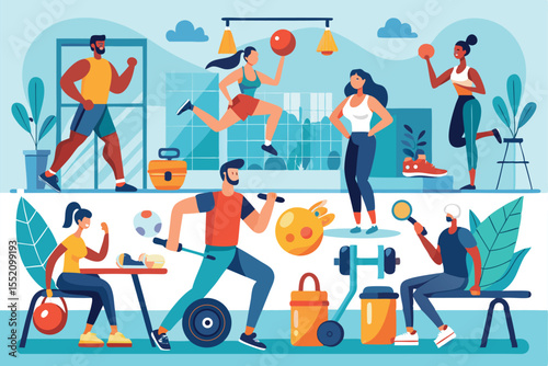 Engaging fitness activities showcasing people exercising in a vibrant gym environment promoting a healthy lifestyle and physical well-being