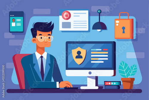 Businessman working diligently at a modern desk, focusing on a large computer screen while surrounded by various digital and security elements in a vibrant workspace