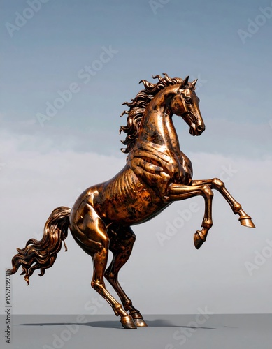 Bronze sculpture of a rea horse with a detailed mane and muscular body on a neutral background, outdoor public art piece