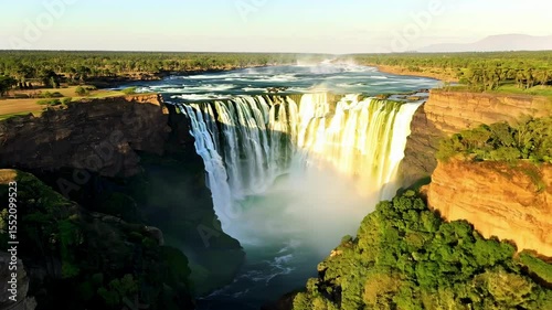 Stunning waterfall cascades through lush landscape during golden hour, showcasing nature's beauty and power