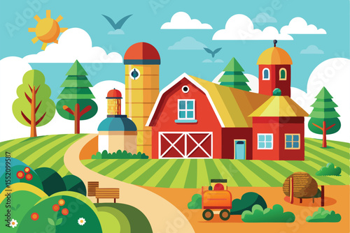 Vector illustration of vibrant agricultural farm buildings including a barn, silo, and tractor under a bright sunny sky with trees and clouds