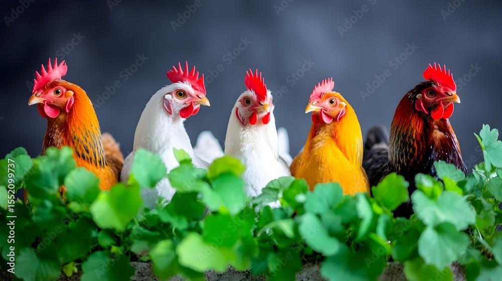 Fototapeta premium Colorful hens in garden, dark background, farm scene, food