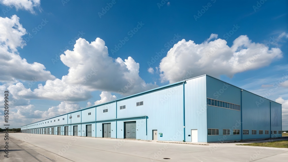 Obraz premium Modern Light Blue Industrial Warehouse Building with Many Doors and Cloudy Blue Sky
