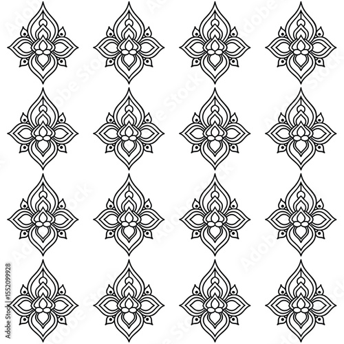 A seamless pattern composed of repeating black outline designs on a plain white background. Each individual design is a stylized, symmetrical motif resembling a traditional Thai or Buddhist lotus.