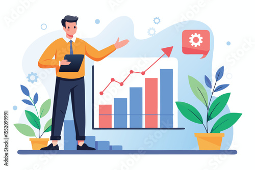 Man presents growth charts showcasing a positive trend in business performance with charts and visual aids in a modern workspace setup