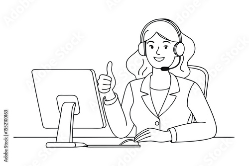 Single line drawing of a woman operator in a headset, working at a desk, giving a thumbs up during a customer service call with a computer in front of her in a professional setting