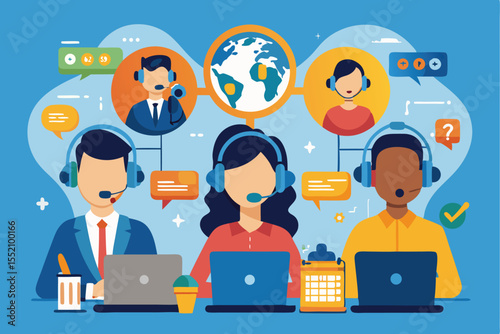 Customer service hotline operators assist clients with inquiries using technology and teamwork in a vibrant office setting
