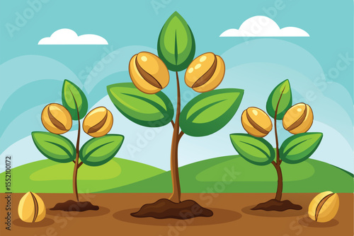 Pistachios growing on cartoon trees in a vibrant landscape under a blue sky with fluffy clouds