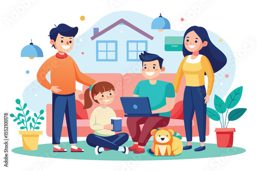 Happy family enjoying quality time together at home with parents working and children playing in a cozy living room during a sunny afternoon