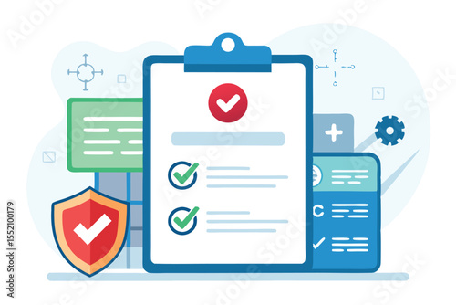 Health medical insurance vector paper document with check marks on clipboard surrounded by icons of security and data management in a modern design