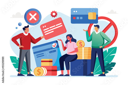 People experiencing issues with blocked credit cards while discussing solutions, exchanging information in a financial consultation setting during daytime