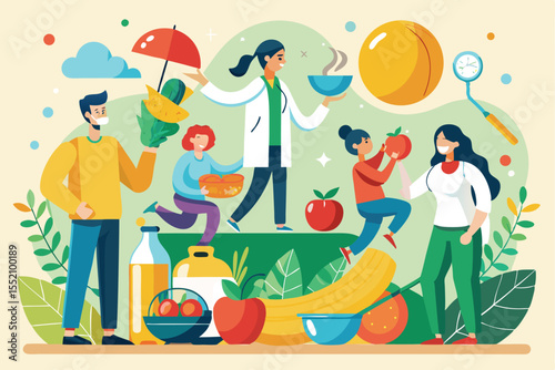 Healthy eating habits are celebrated by diverse individuals enjoying nutritious foods and engaging in physical activities at a vibrant setting