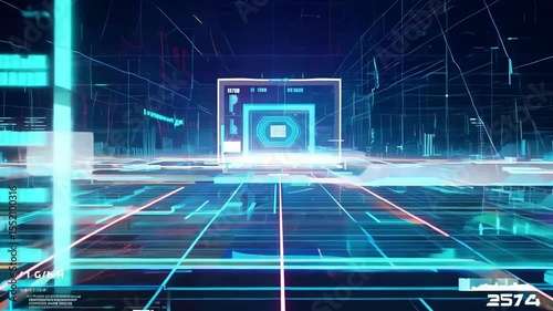 Virtual cityscape with vibrant lights and futuristic design showcasing technology and innovation at dusk