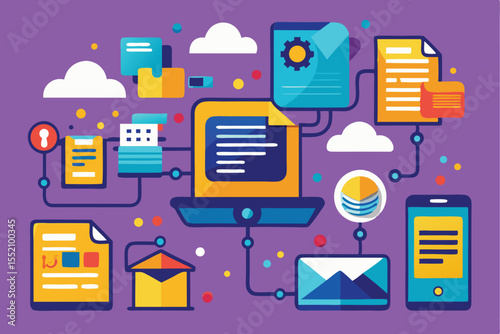 Automated data transfer concept showcases a dynamic digital environment with interconnected devices and information flow