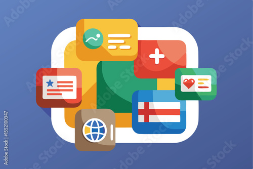 Flat design showcasing a modern translation plugin interface with various language icons and elements for effective communication across global platforms