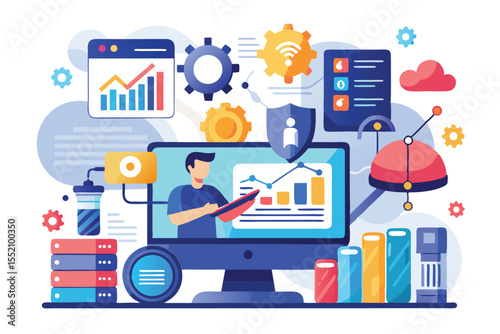 Data scientists utilize analytics tools for database analysis and visualization in a modern digital workspace, showcasing creativity in data interpretation and presentation