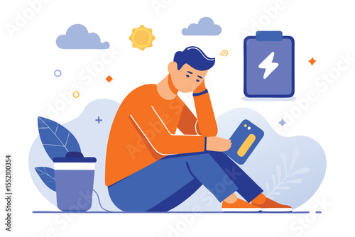 Depiction of a stressed man experiencing burnout, sitting on the ground while checking his smartphone, with a battery icon indicating low energy and contrasting sunny clouds above