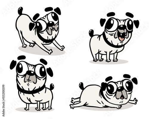 Funny cartoon pug dog set in different poses. Domestic pet. Vector illustration.