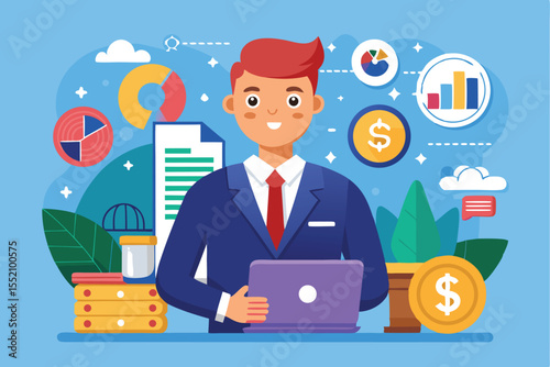 Professional business character working with laptop in modern office environment, surrounded by financial symbols and charts illustrating market trends and growth opportunities