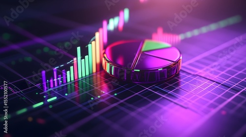 Rising Market Pie chart, stock graphs, financial data, neon glow, investment analysis
