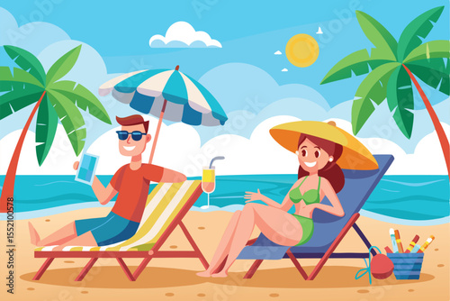 Cartoon-style vacationers relaxing on a sunny beach while enjoying drinks and a leisurely day by the ocean
