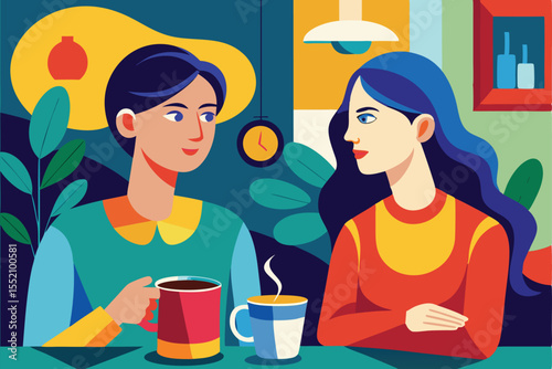 Two women engage in conversation over coffee in a vibrant cafe setting, surrounded by colorful decor and greenery
