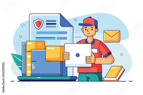 Delivery person holding a package alongside documents and mail at a workspace in a bright, modern illustration depicting efficient work environment