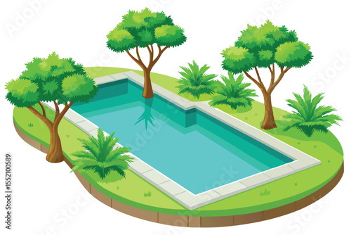 Tropical island beach resort with palm trees, a pool, and the ocean under a sunny sky, perfect for a summer vacation