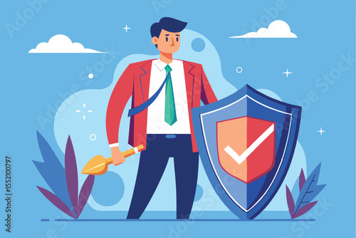 Man defending with a shield while holding a spear in a stylized illustration showcasing protection and courage