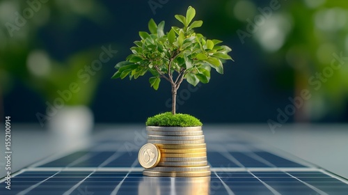 Green sprout growing on coins atop solar panel